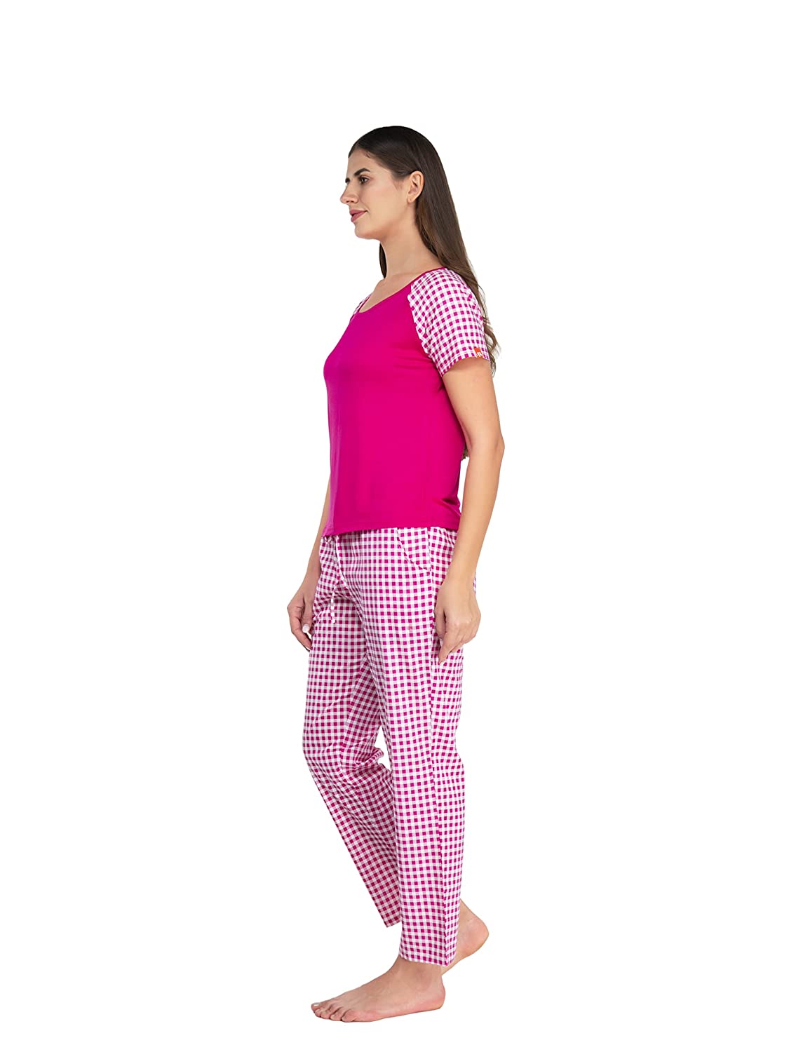 Evolove Womens 100% Cotton Pyjama Set with Round Neck Reglan Half Sleeve Checks Printed Super Soft Top or Tshirts & Bottoms Pants Regular Night Suit Sleep & Lounge Wear (S to 2XL Size)