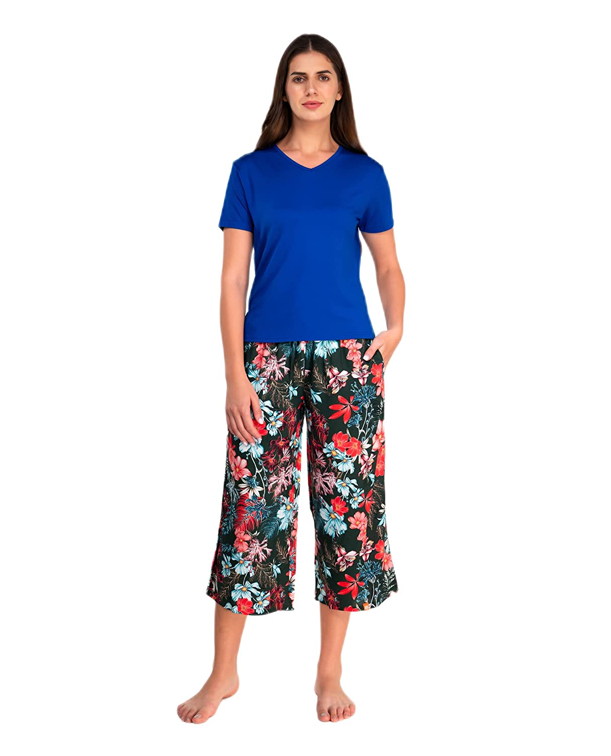 Evolove Women Loose Fit Pyjama Set with Stylish 2 Side Pockets Pants and Tops or Tshirt Viscose Liva Lycra Capris Leggings (S-XXL)