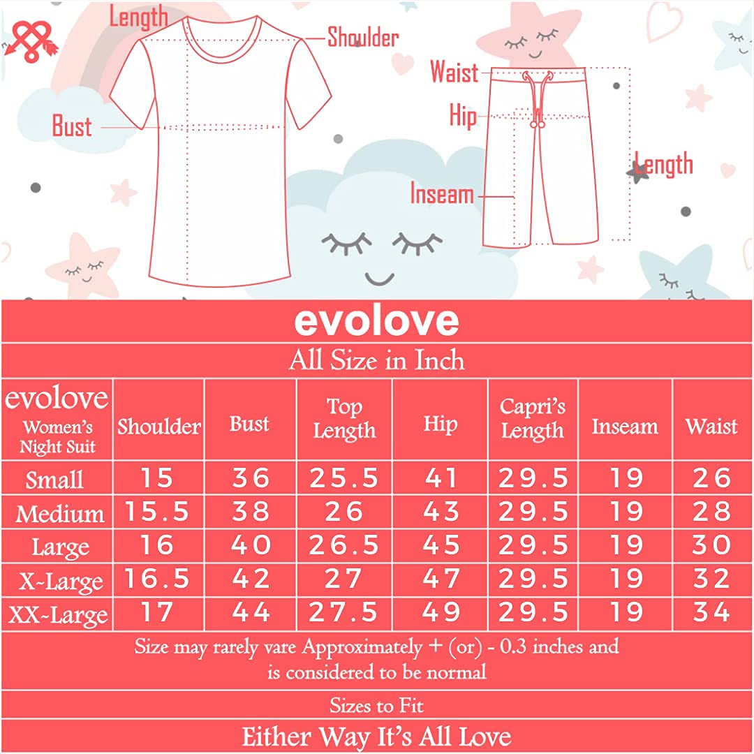 Evolove Women's Pants and Tops or Tshirt Pyjama Set 100% Cotton Love Printed Capris Leggings for Dailywear with Stylish Side Pockets Regular Fit (Small Size)