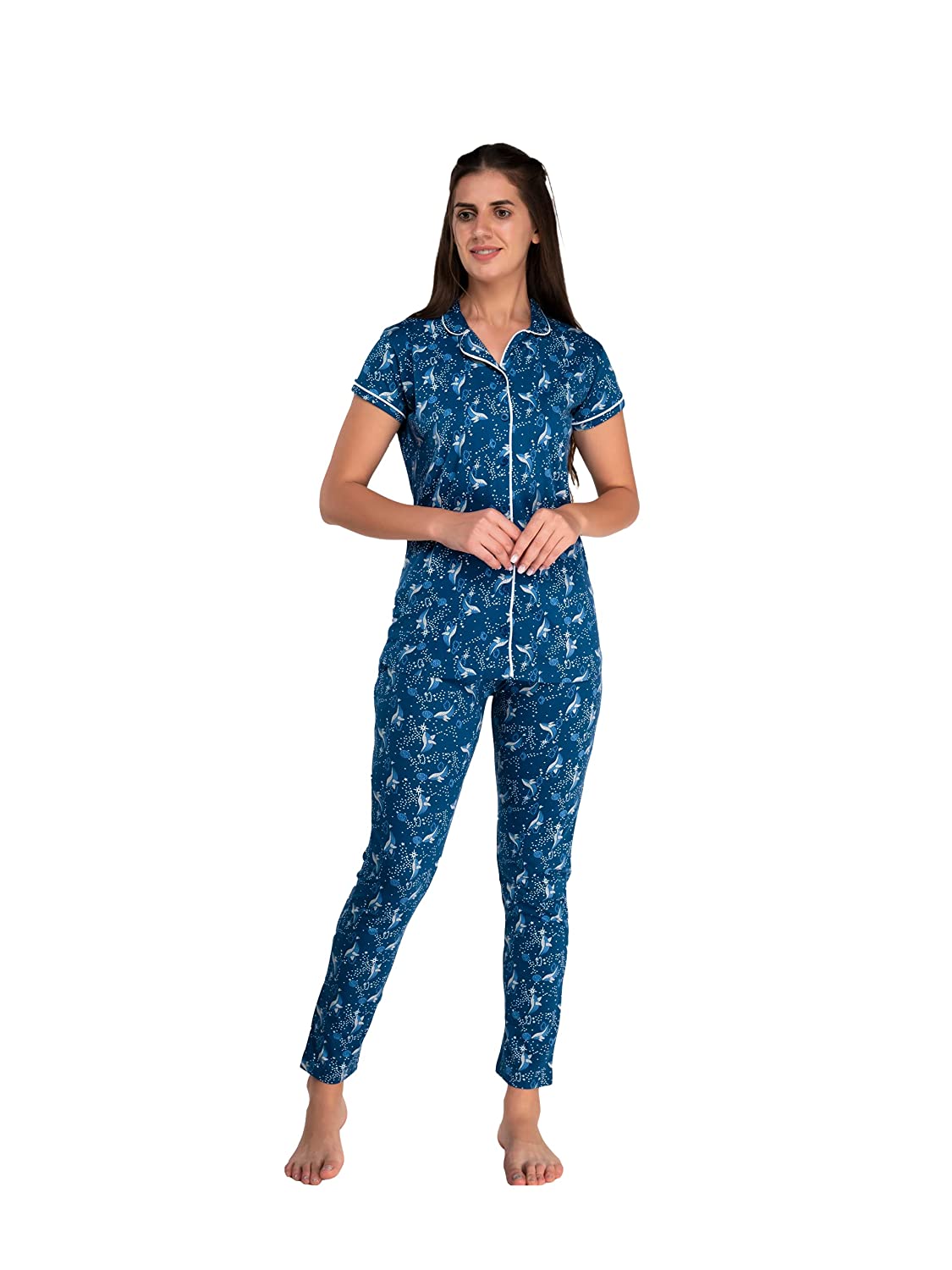 Evolove Women's Cotton Pyjama Set with Collared Neck Half Sleeve Top Shirts & Bottoms Pants Night Dress Suit Sleep & Lounge Wear (S to XXL Size)