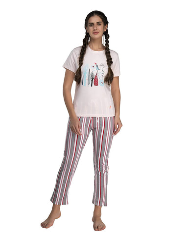 Evolove Womens Pyjama Set with Round Neck Half Sleeve Knitted Cotton Striped Printed Super Soft Comfortable Tops or Tshirts & Bottoms Pants Regular Night Suit Sleep & Lounge Wear (S Size)