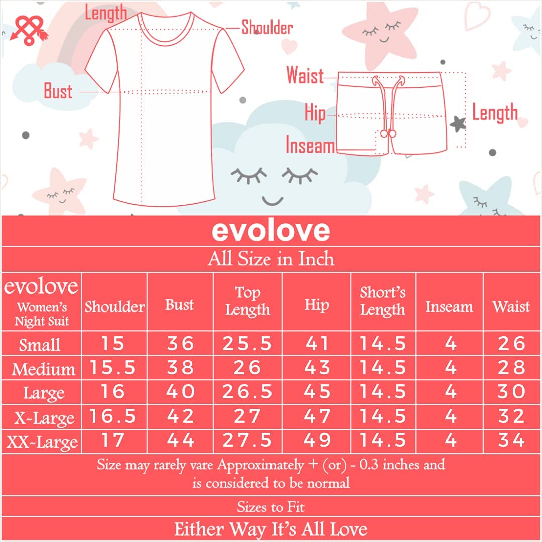 Evolove Womens 100% Cotton Tops or Tshirts & Shorts Set Elastic Waistband with 2 Side Pockets Round Neck Half Sleeve Checks Printed Super Soft Regular Night Suit Sleep Wear (S to 2XL Size)