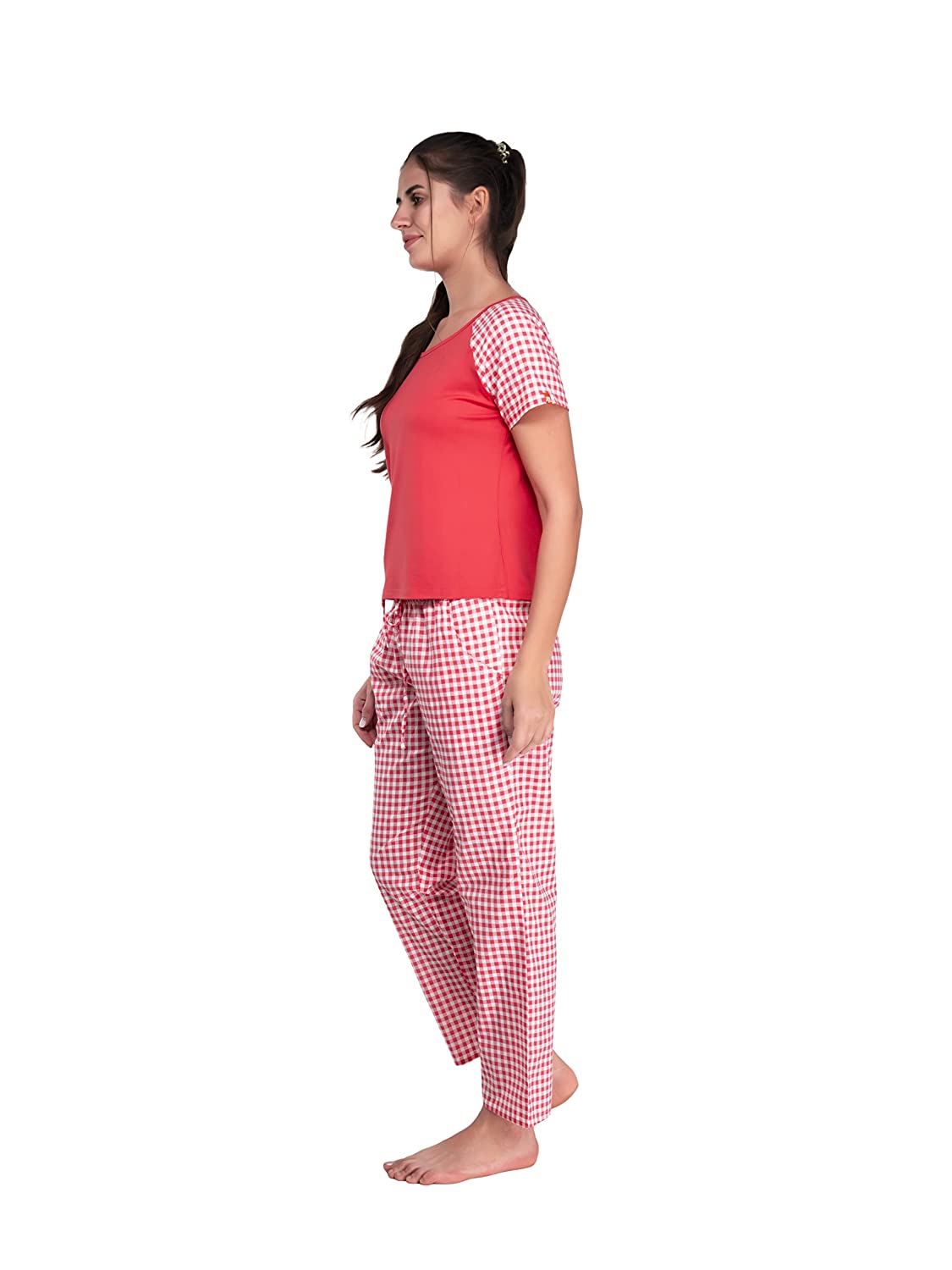 Evolove Womens 100% Cotton Pyjama Set with Round Neck Reglan Half Sleeve Checks Printed Super Soft Top or Tshirts & Bottoms Pants Regular Night Suit Sleep & Lounge Wear (S to 2XL Size)