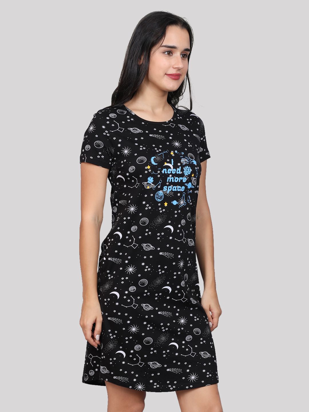 Evolove Women's 100% Cotton Printed Knee Length Casual Regular Short Nightgown (Black)