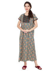 Evolove Women's Rayon Printed Maxi Nighty Sleepwear Super Comfortable (Teal)