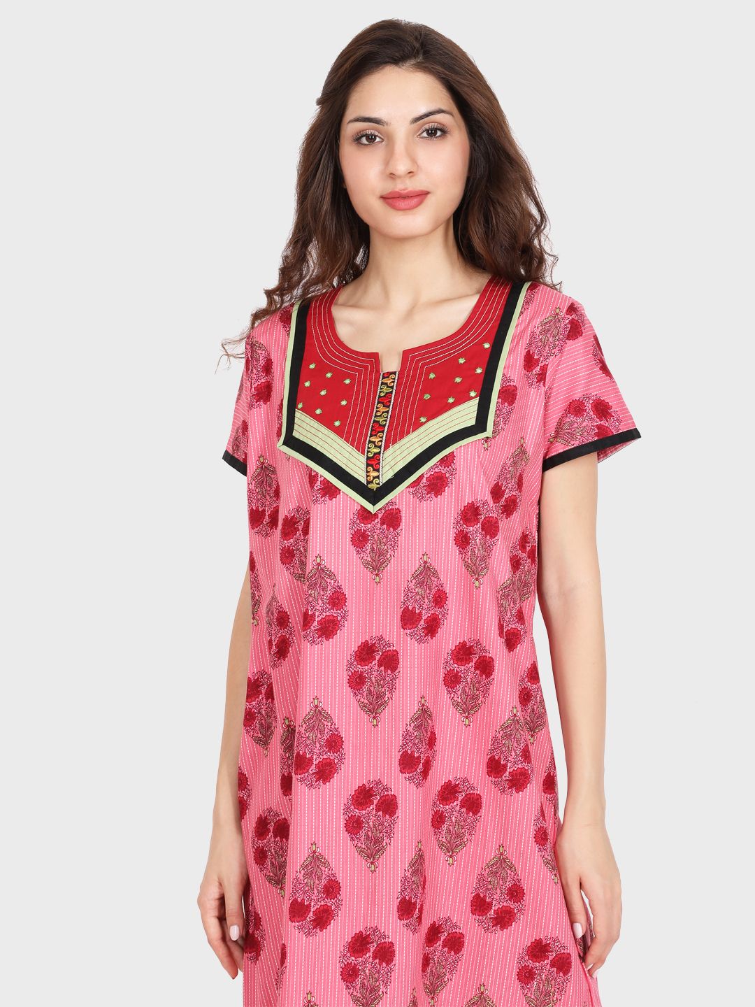 Evolove Women's Cotton Printed Maxi Nighty Sleepwear Super Comfortable & Soft Cotton (Pink)