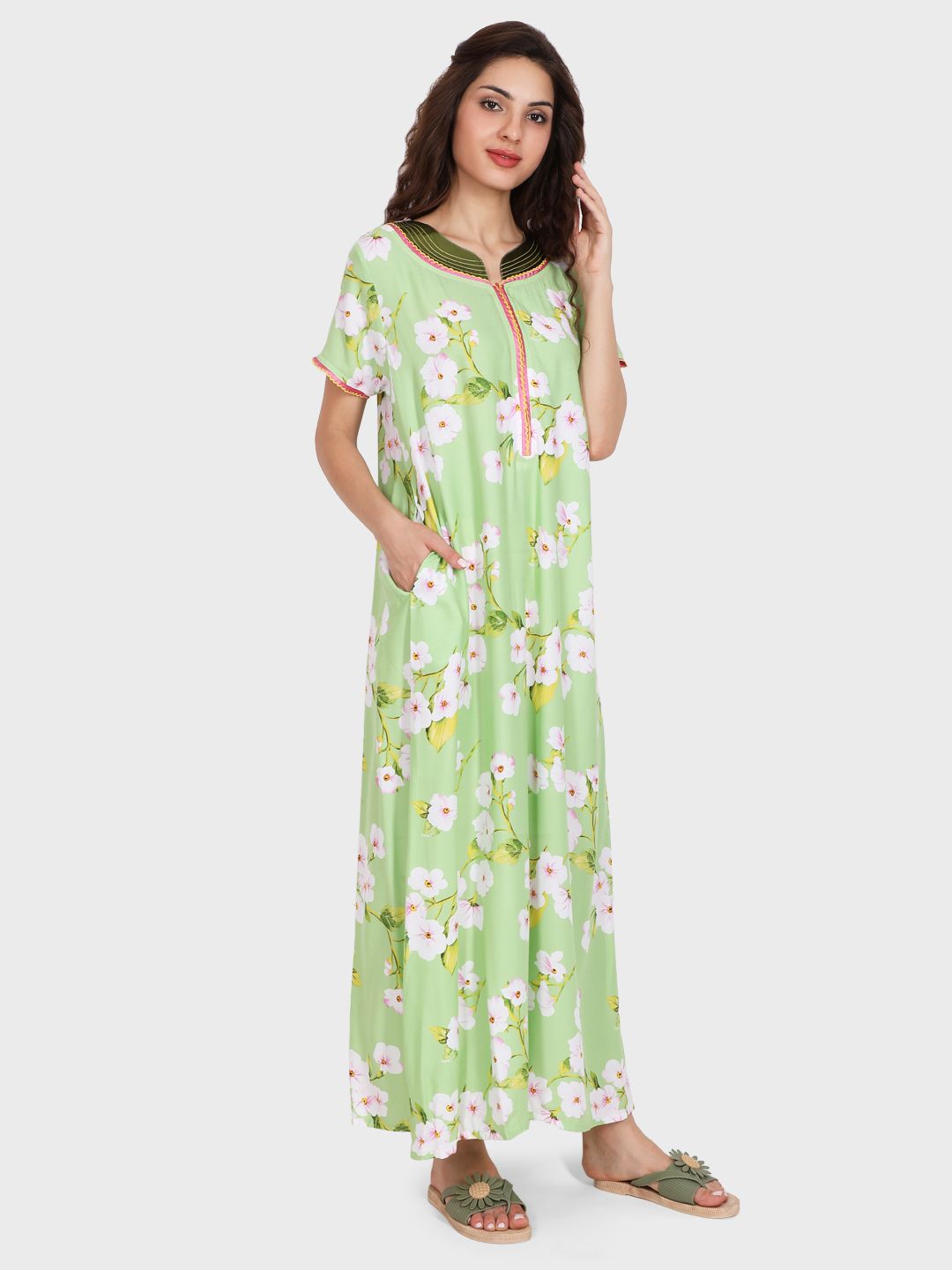 Evolove Women's Rayon Printed Maxi Nighty Sleepwear Super Comfortable (Lawn Green)