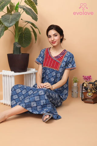 Evolove Women's Cotton Printed Maxi Nighty Sleepwear Super Comfortable & Soft Cotton (Blue)