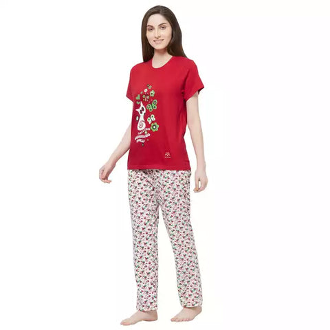 Evolove Women's Hosiery cotton Half Sleeve T-shirt & Printed  Pajama set (Colour - Red & Printed  White)