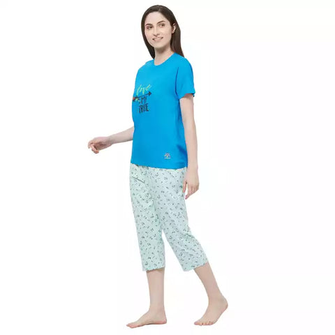 Evolove Women's Hosiery cotton Half Sleeve T-shirt & Printed  Capri Set  (Colour - Blue & Printed  Light Blue)