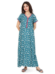 Evolove Women's Rayon Printed Maxi Nighty Sleepwear Super Comfortable (Sea Blue)