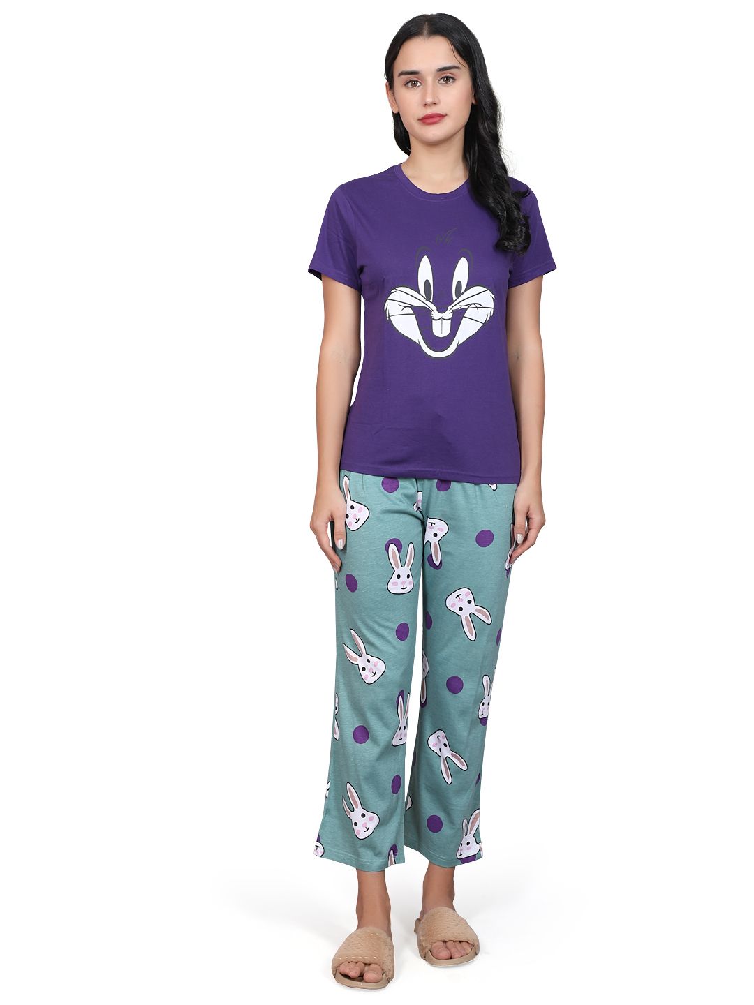 Evolove Women's Cotton Half Sleeves Round Neck Night Suit Set/Top Pyjama Set Super Soft Comfortable  (Voilet)