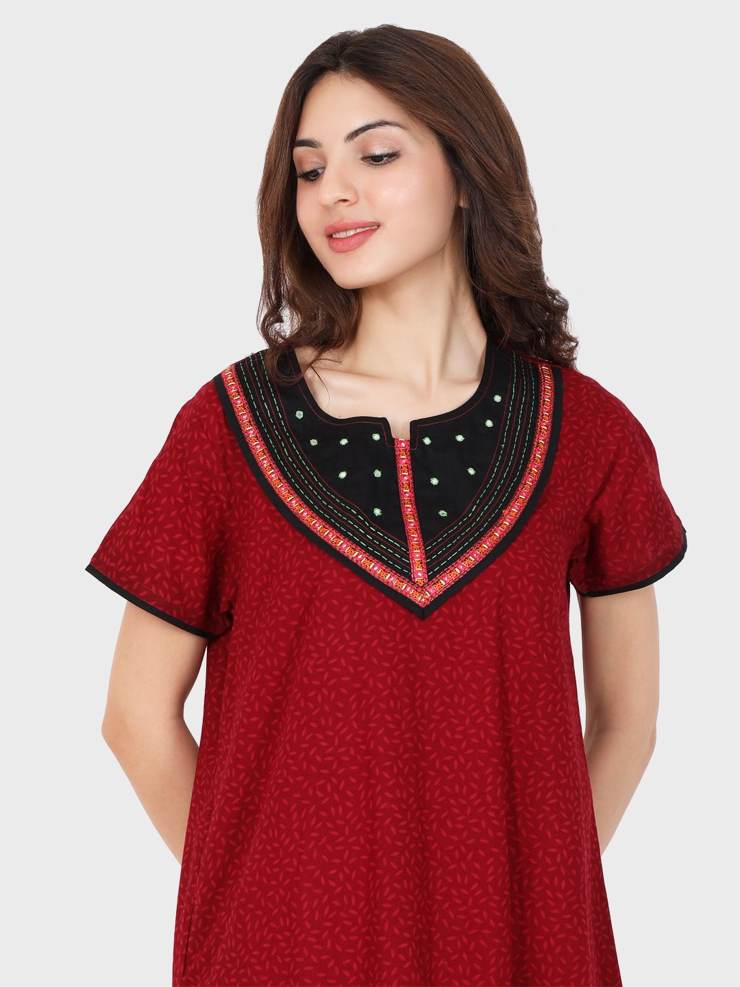 Evolove Women's Cotton Printed Maxi Nighty Sleepwear Super Comfortable & Soft (Maroon)