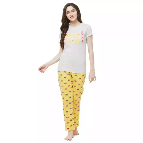Evolove Women's Hosiery cotton Half Sleeve T-shirt & Printed  Pajama Set (Colour - Ecru Melange & Printed  Yellow)