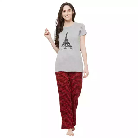 Evolove Women's Hosiery cotton Half Sleeve T-shirt & Printed  Pajama Set