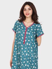 Evolove Women's Rayon Printed Maxi Nighty Sleepwear Super Comfortable (Sea Blue)