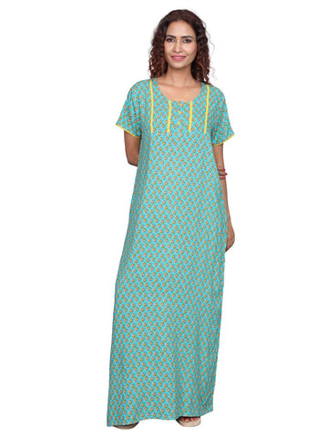 Evolove Women's 100% Viscose Printed Maxi Nightgown Long Nighty Sleepwear for Ladies Super Soft Comfortable Design  (Sea Green)