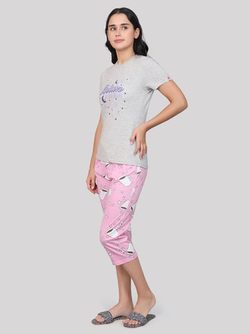Evolove Women's Cotton Capri Pant & Top Night Suit Set Wear with Stylish 2 Side Pockets Pyjama Super Soft Cotton