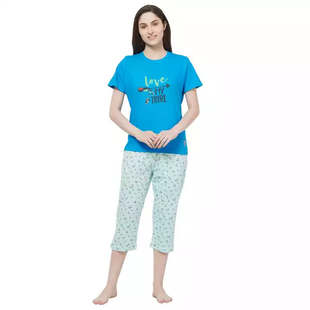 Evolove Women's Hosiery cotton Half Sleeve T-shirt & Printed  Capri Set  (Colour - Blue & Printed  Light Blue)