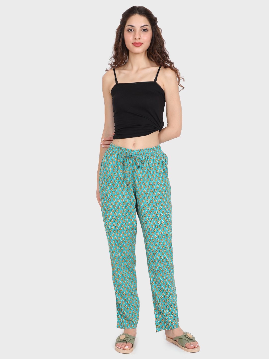 Evolove Women's Cotton Printed Pajama Relaxed Lounge Pants With Pockets (Teal)