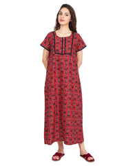 Evolove Women's Cotton Printed Maxi Nighty Sleepwear Super Comfortable & Soft Cotton (Maroon)