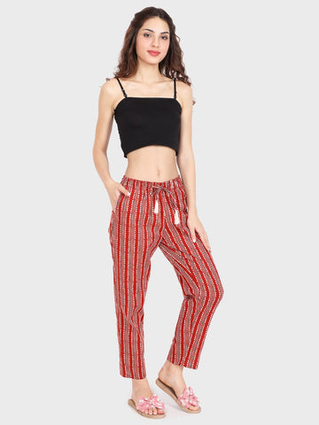 Evolove Women's Cotton Printed Pajama Relaxed Lounge Pants With Pockets (Brick Red)
