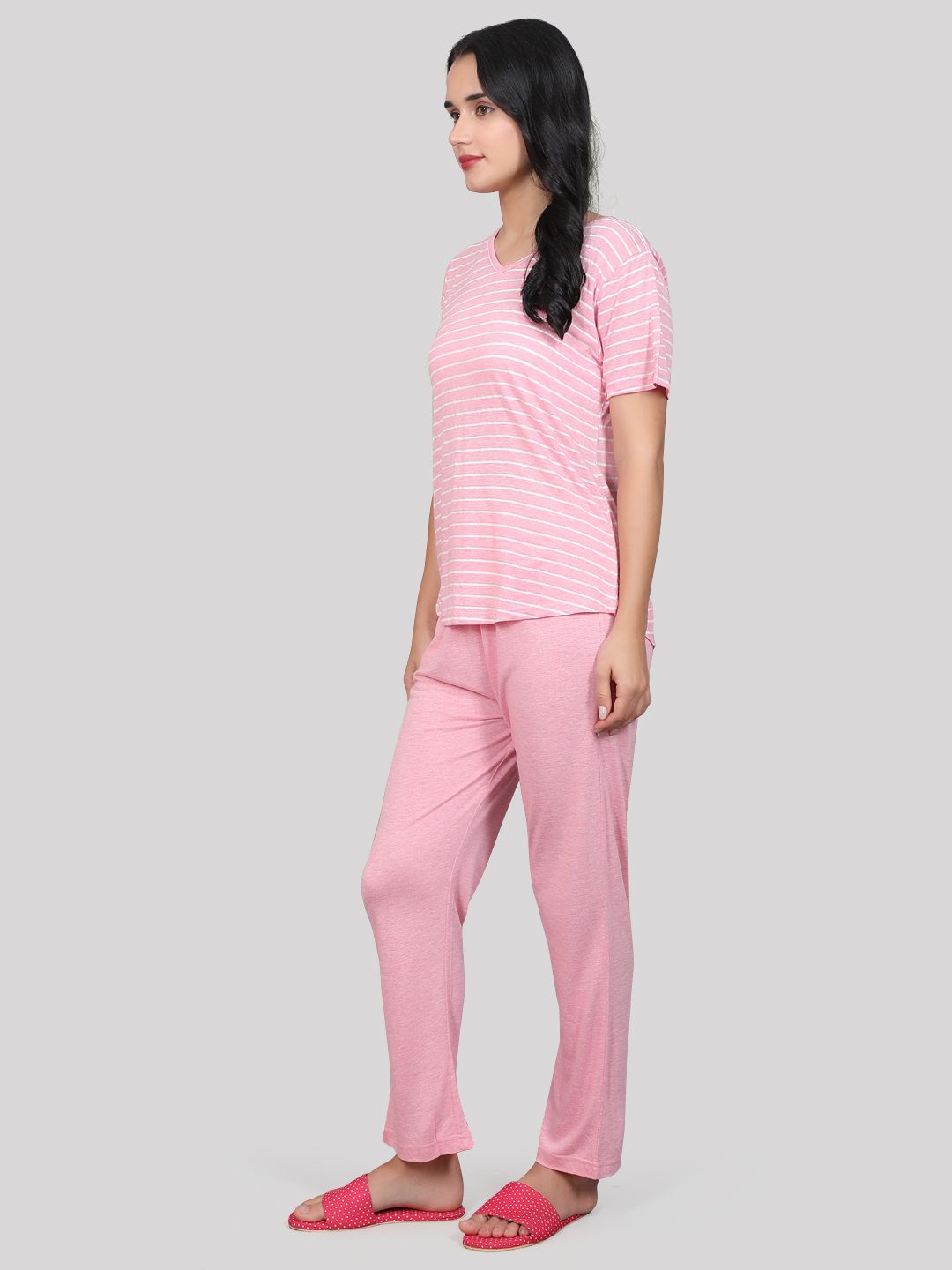 Evolove Women's Cotton Half Sleeves Round Neck Night Suit Set/Top Pyjama Set Super Soft Comfortable  (Pink)