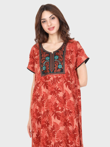 Evolove Women's Rayon Printed Maxi Nighty Sleepwear Super Comfortable (Rust)