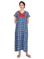Evolove Women's Cotton Printed Maxi Nighty Sleepwear Super Comfortable & Soft Cotton (Blue)
