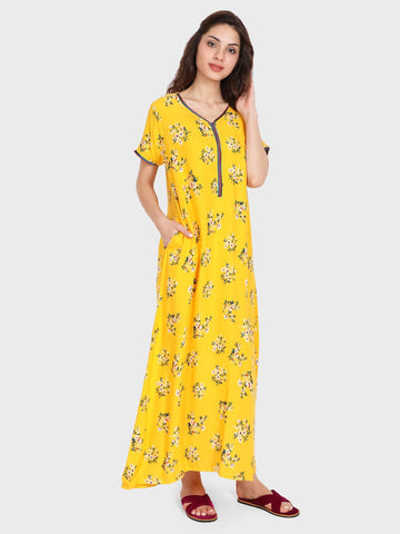 Evolove Women's Rayon Printed Maxi Nighty Sleepwear Super Comfortable (Honey Yellow)