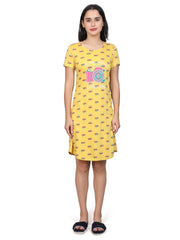 Evolove Women's 100% Cotton Printed Knee Length Casual Regular Short Nightgown ( Yellow)