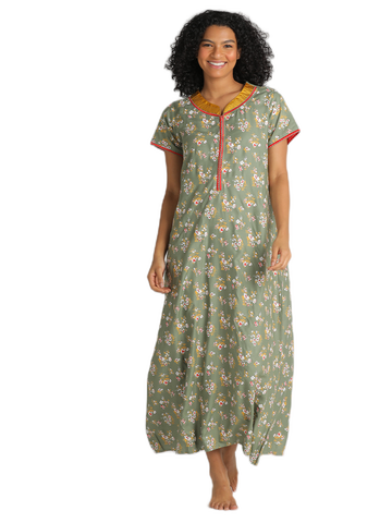 Evolove Loose Fit Nighty Long Maxi Sleepwear Nightgown for, Women's or Ladies with Stylish Zipper Rayon Printed Super Soft Comfortable Design ( M Size )