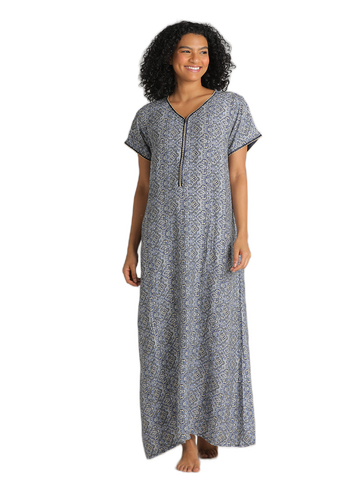 Evolove Loose Fit Nighty Long Maxi Sleepwear Nightgown for Women's or Ladies with Stylish Zipper Rayon Printed Super Soft Comfortable Design