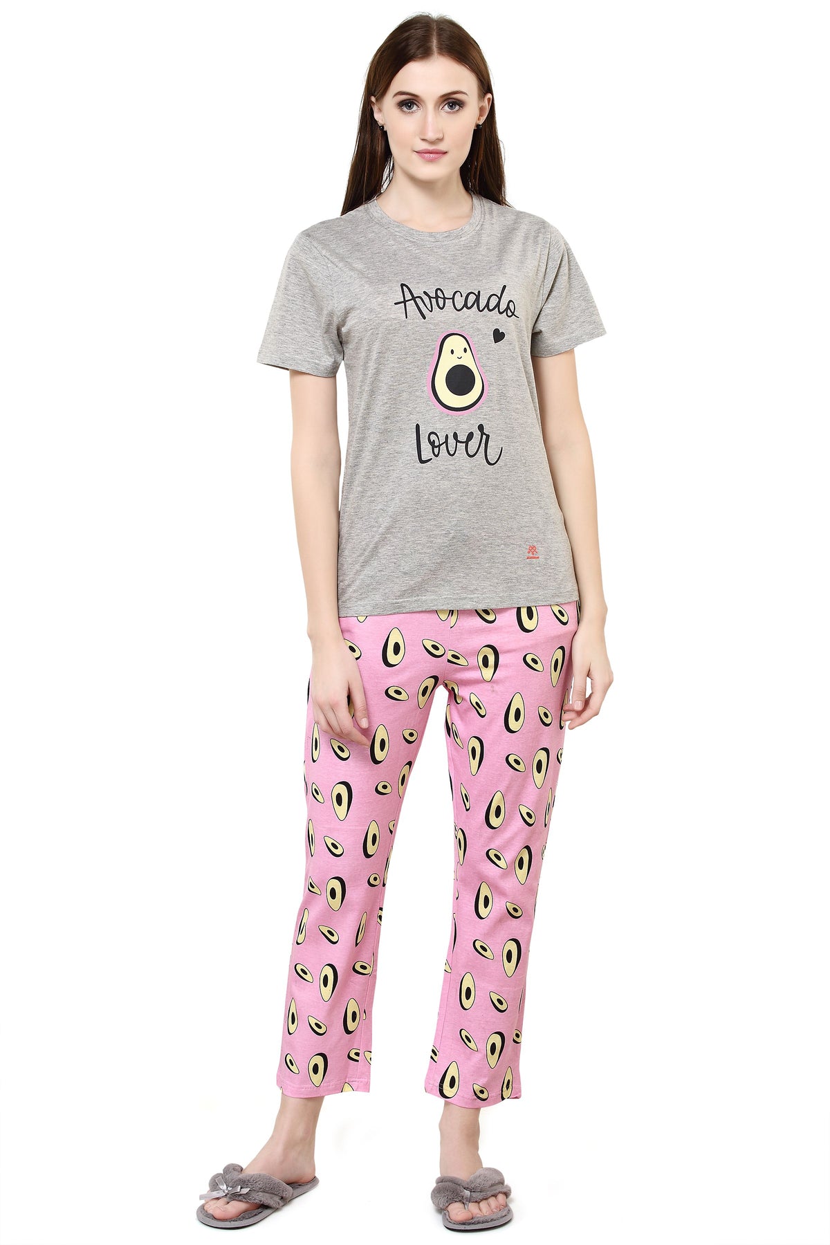 evolove Women's Paris Pink Round Neck Avocado Printed Pajama Set Night Suit ( Grey & Paris Pink, S) Get free eyemask inside of any design