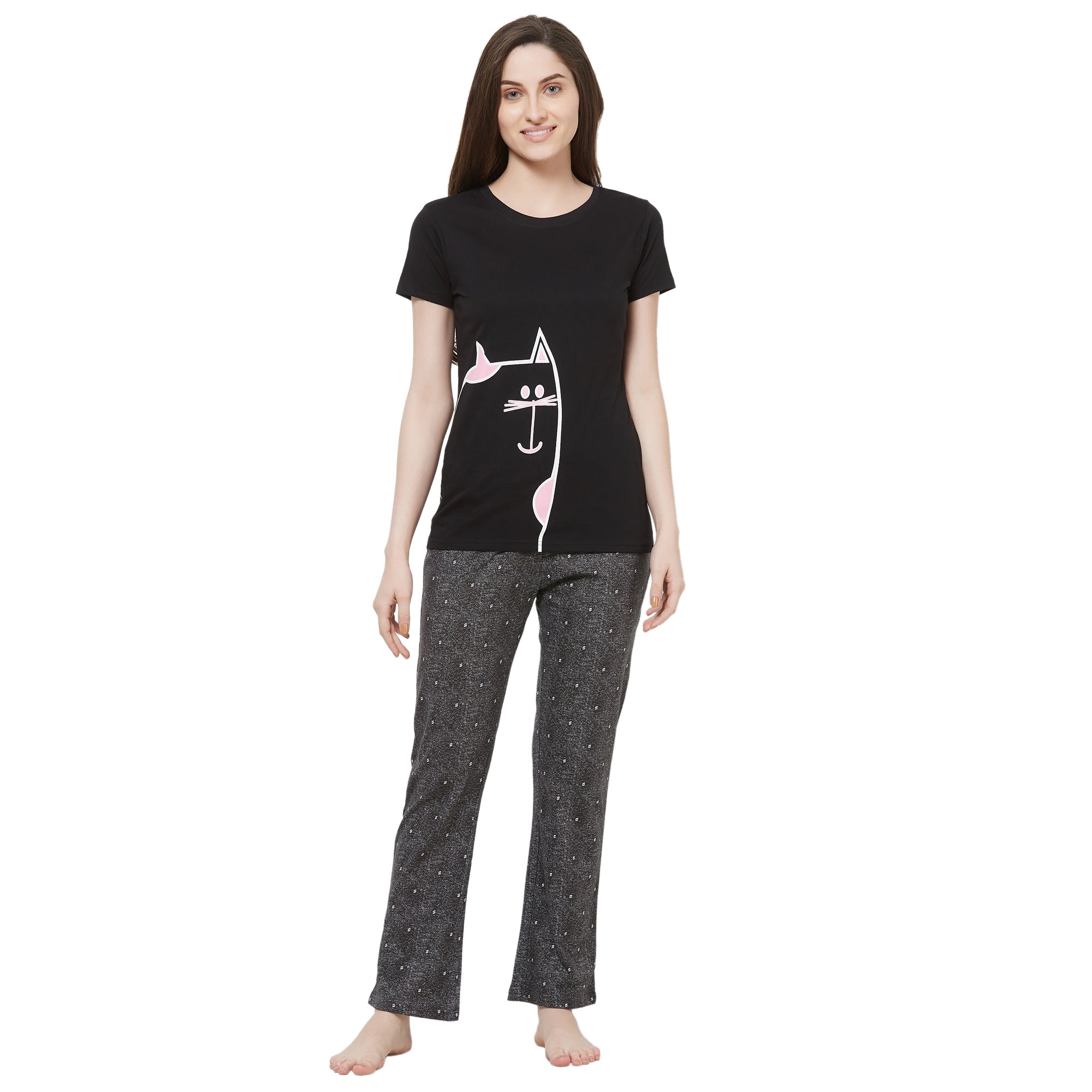 Evolove Women's cotton Half Sleeve T-shirt & Printed  Pajama Set (Colour - Black)