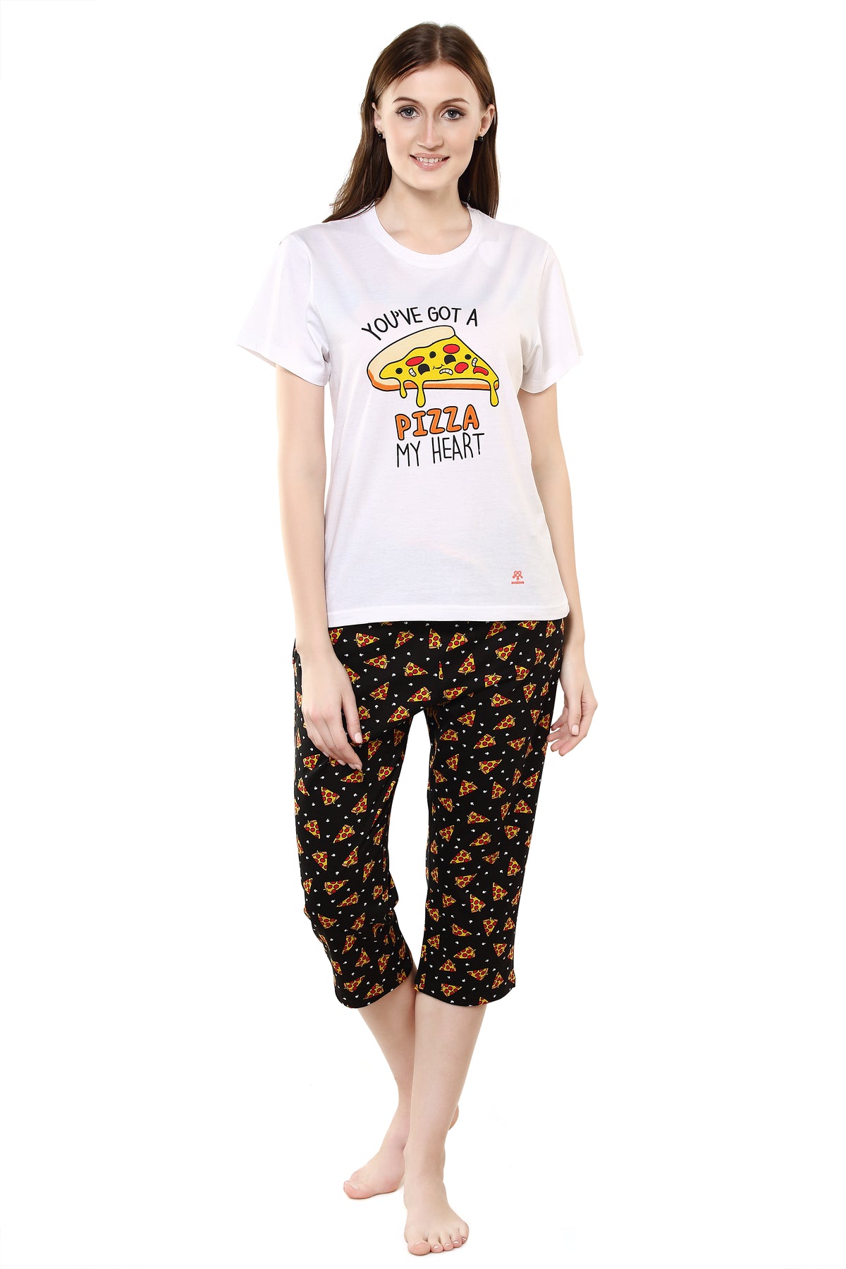 Women's Night Black Round Neck Pizza Print Capri Set .