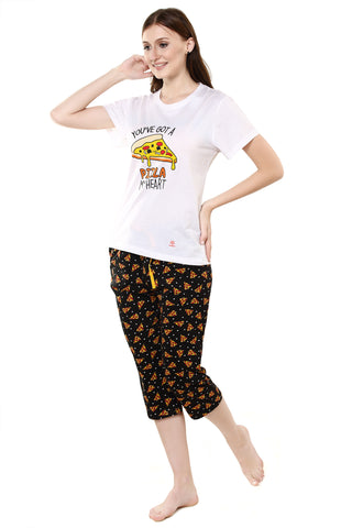 Women's Night Black Round Neck Pizza Print Capri Set .