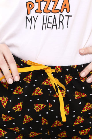 Women's Night Black Round Neck Pizza Print Capri Set .