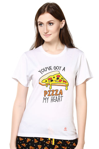 Women's Night Black Round Neck Pizza Print Capri Set .