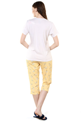 Women's Cyber Yellow Round Neck Floral Print Capri Set (White & Cyber Yellow,)