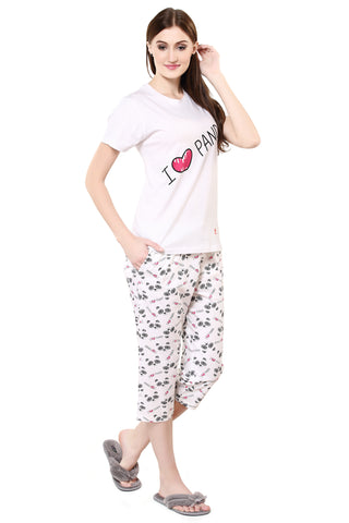 Evolove Women's White Round Neck I Love Panda Printed Capri Set .