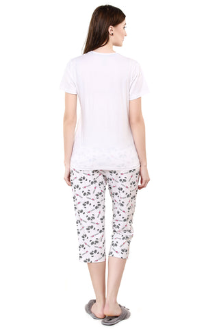 Evolove Women's White Round Neck I Love Panda Printed Capri Set .