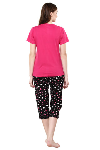 evolove Women's Prism Fushia Round Neck Heart Printed Capri Set Top Bottom same print (Prism Fushia & Black, S) Get free eyemask inside of any design