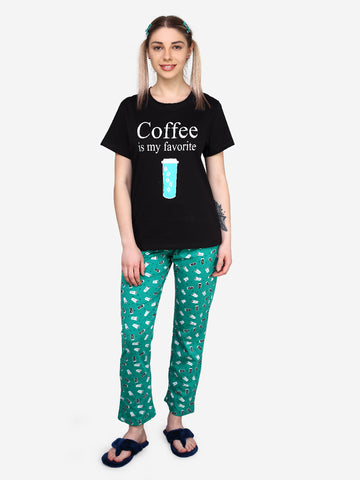 Evolove Womens Knitted Hosiery Cotton with Round Neck Half Sleeve Printed Tops or Tshirts & Bottoms Pants Pajama Set Super Soft Comfortable Regular Night Suit Sleep & Lounge Wear