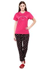 Evolove Women's Prism Fushia Round Neck Wine Printed Pajama Set (Prism Fushia & Black, S) Get Free Eyemask Inside Of Any Design