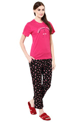 Evolove Women's Prism Fushia Round Neck Wine Printed Pajama Set (Prism Fushia & Black, S) Get Free Eyemask Inside Of Any Design