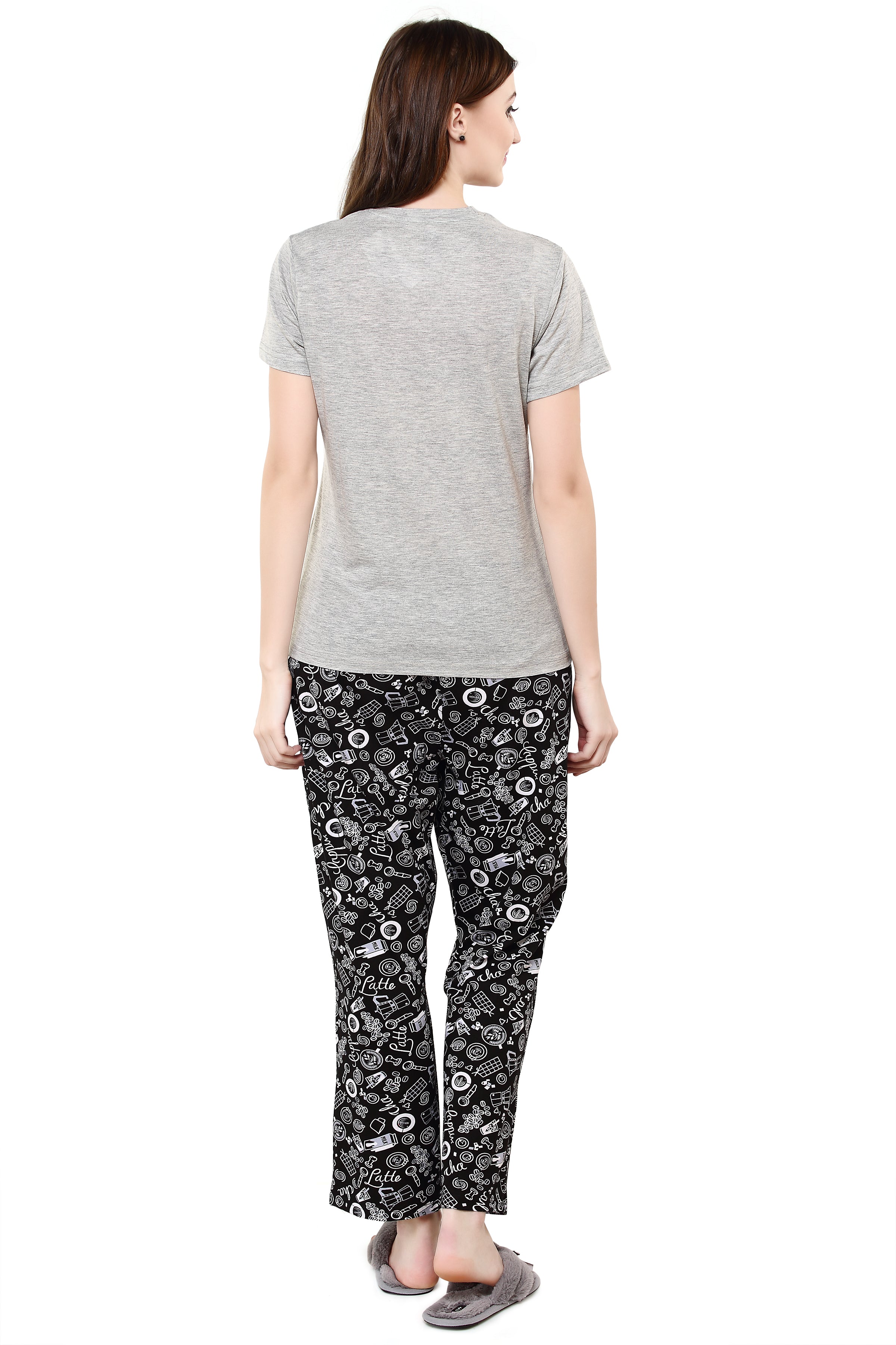 Evolove Women's Goat Grey Round Neck I love Coffee Printed Pajama Set (Goat Grey & Black, S)