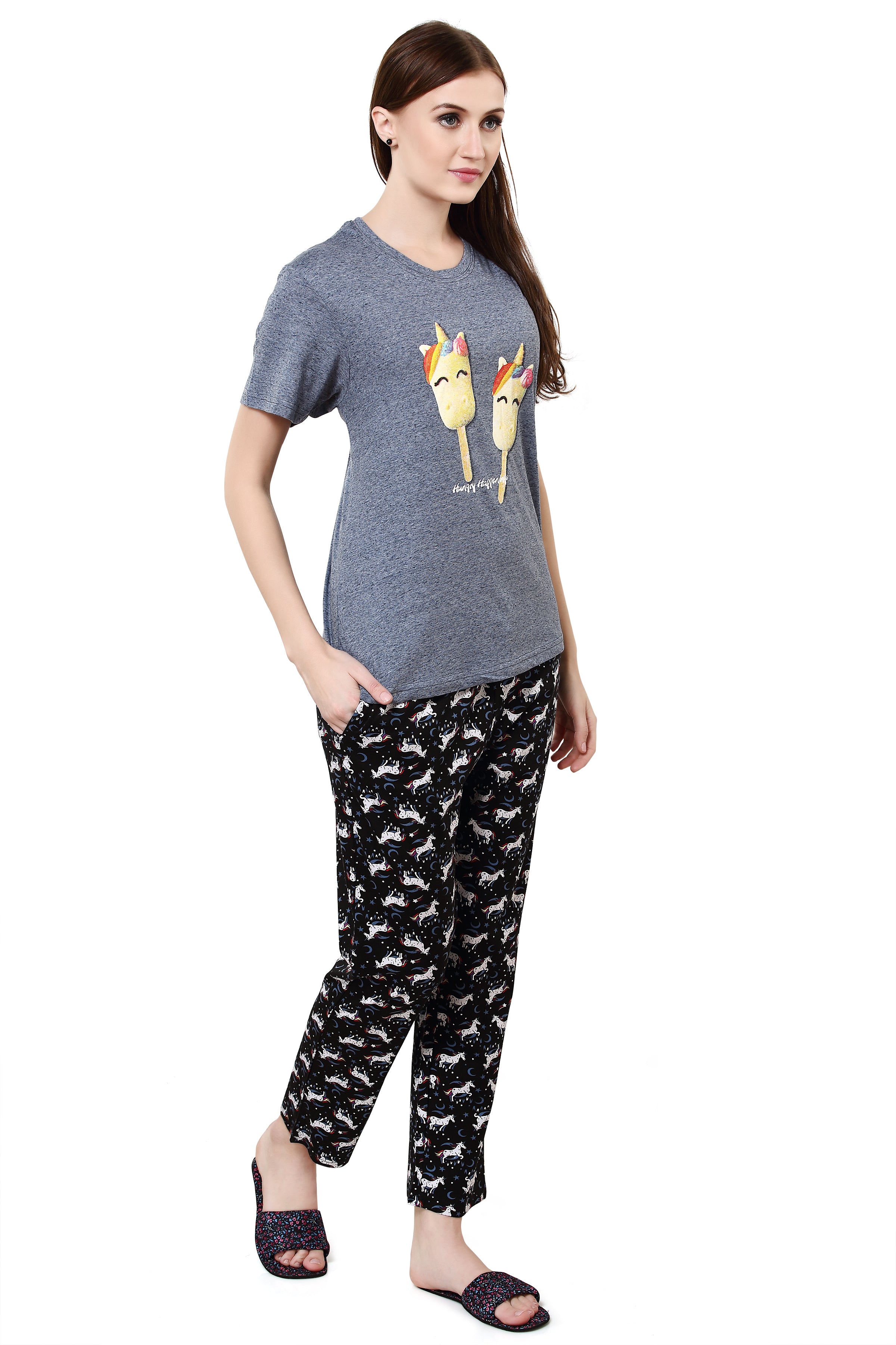 Women's Anthra Melange Round Neck Ice-cream & unicorn Printed Pajama Set (Goat Grey & Black, S)