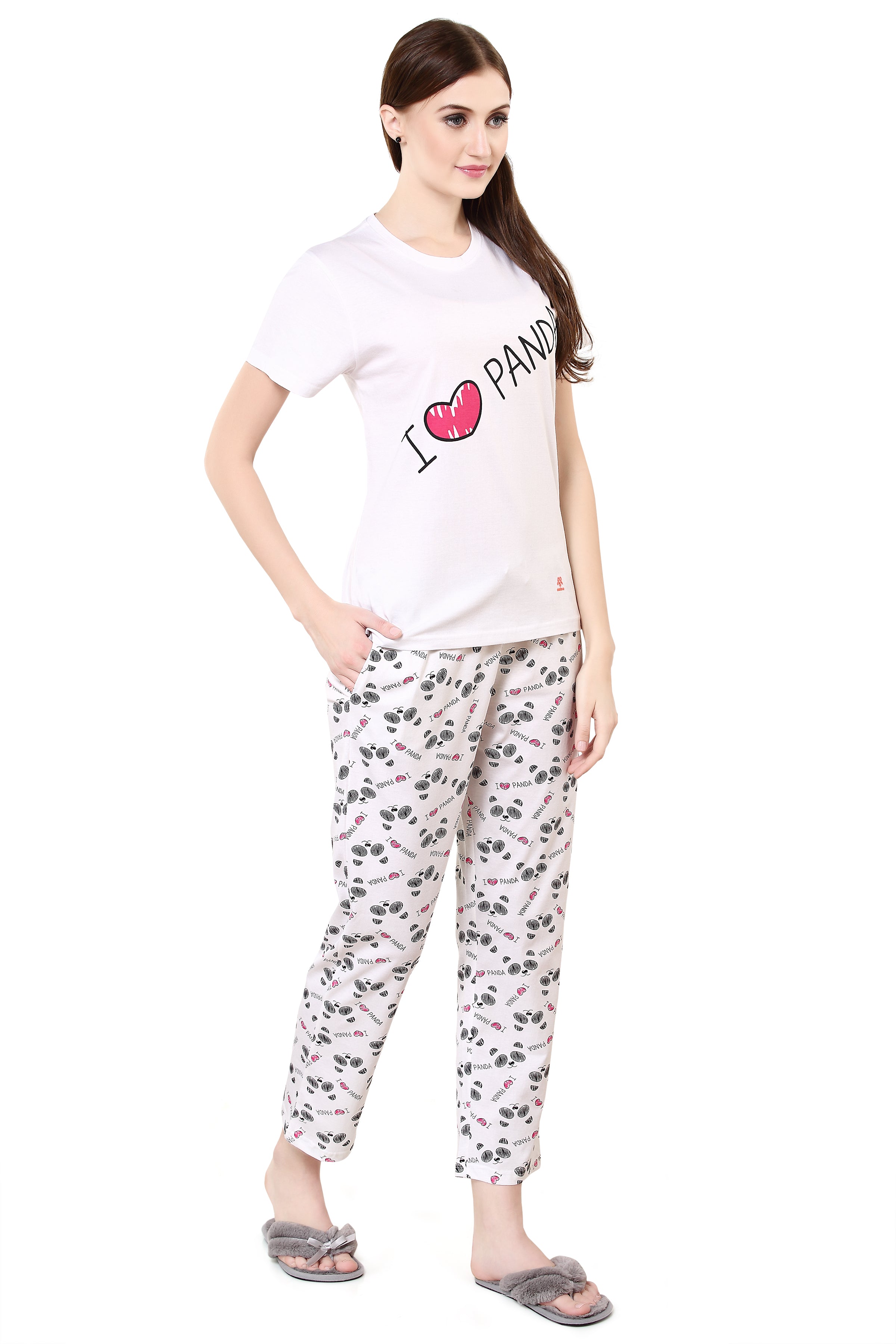 Women's White Round Neck I Love Panda Printed Pajama Set (Day White, S)