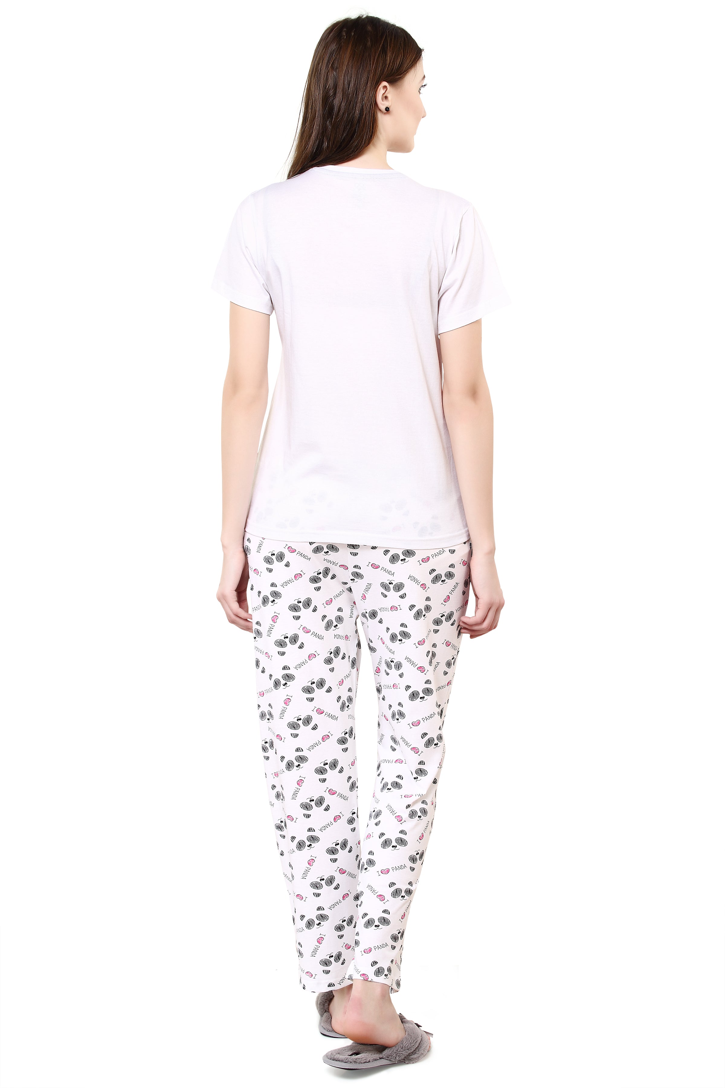 Women's White Round Neck I Love Panda Printed Pajama Set (Day White, S)